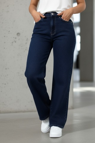 Woddi Nova Kadın Yüksek Bel Lacivert Salaş Jeans Wide Leg Geniş Paça Palazzo Kot Pantolon