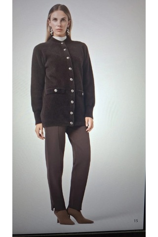 Nuss 7008 Sahte Cep Detay Düğmeli Angora Hırka - Kahve Kahverengi