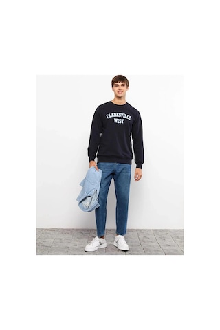 LC Waikiki Lcw Casual Lacivert Bisiklet Yaka Uzun Kollu Baskılı Erkek Sweatshirt