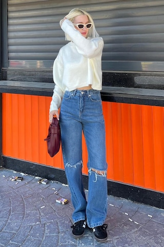 Madmext Krem Bisiklet Yaka Crop Kadın Kazak Mg2166 Krem