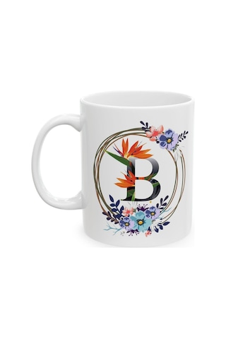 B Harf Baskılı Hediyelik Baskılı Porselen Beyaz Lüks Kupa Bardak Beyaz