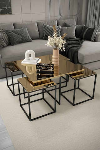 4+1 Siyah Kaplama Bronz Ayna Orta Sehpa