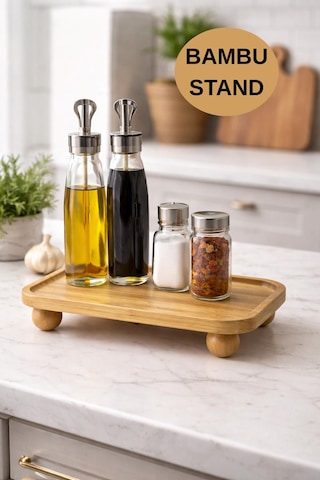 Bambu Sunumluk Stand Yağlık & Baharatlık Organizer, Tezgah Üstü Çok Amaçlı Bambu Stand Bambu