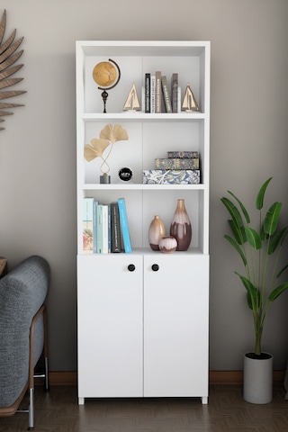 Kapaklı Çok Amaçlı Salon Dolabı 150x50x22 Cm Raflı Kitaplık Dekoratif Depolama Ünitesi Beyaz