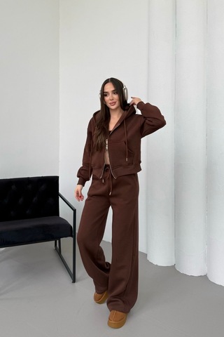 Mezka Kadın Çift Fermuar Detaylı Kapüşonlu Kışlık Şardonlu Oversize Eşofman Takımı Kahverengi