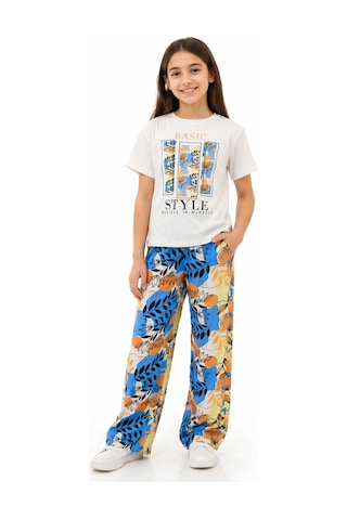 İrem Çocuk Giyim Kız Çocuk Basic Style Yazı Desenli Tişört Pantolonlu Mavi Renk İkili Takım Beyaz