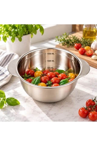 Paslanmaz Çelik 1500 Ml Ölçülü Kap 23 Cm, İç Ölçek Çizgili 1,5 Litre Karıştırma Ve Hazırlık Kabı, Çift Yan Tutamaçlı Mutfak Ölçü Kabı Çok Renkli