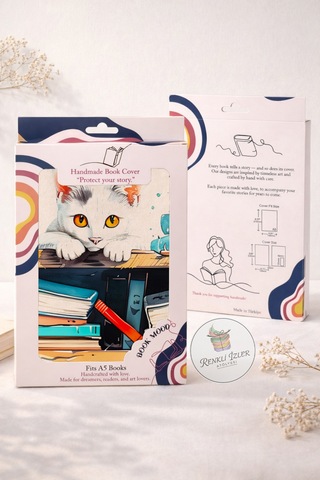 Kitap Kılıfı Ve Metal Kitap Ayracı Seti Kütüphanedeki Kedi
