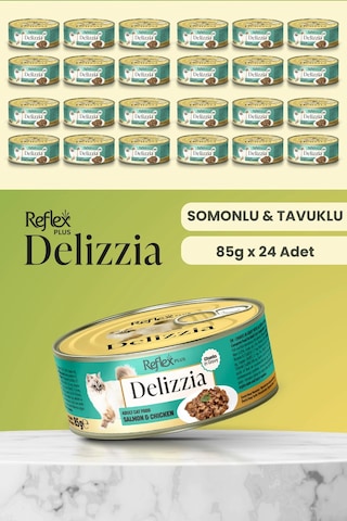 Plus Delizzia / Sos İçinde Parça Etli Somonlu & Tavuklu Yetişkin Kedi Maması 85g X 24 Adet