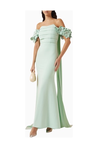 Ac By Aanchal Chanda Off - Shoulder Cape - Style Çiçek Işlemeli Maxi Kadın Elbise Yeşil