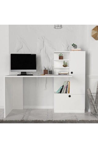 Dekorister Merinos Kitaplıklı Çalışma Masası Beyaz