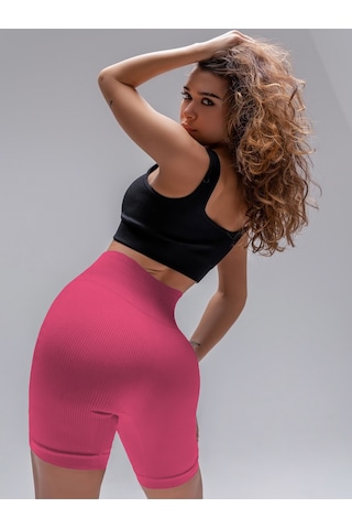 Mistirik Dublin Model Yüksek Bel Fitilli Seamless Biker Şort Şekerpembe Renk027 Şekerpembe