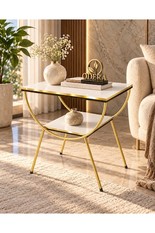 Odera Çift Beyaz Çift Raflı Yan Sehpa Komodin Metal Ayaklı Retro Modern Sehpa Diğer