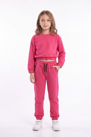 Panios Kids 2'li Yuvarlak Yakalı Beli Lastikli Crop Kesim 4 Parça Kız Çocuk Alt Üst Eşofman Takımı Fuşya-pembe