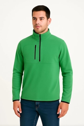 Erkek Polar Kazak Dik Yaka, Yarım Fermuarlı, Fermuarlı Göğüs Cepli, Siyah Biyeli, Kışlık Rahat Regular Fit Günlük Model - Yeşil Yeşil