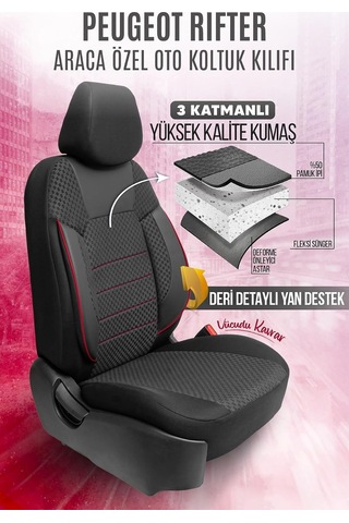 Peugeot Rifter İle Uyumlu Pamuklu Kumaş Araca Özel Oto Koltuk Kılıfı Tam Set Siyah Kırmızı