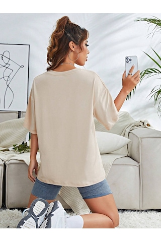 Çiçekli Desenler T-shirt - Bej Baskılı Oversize Bisiklet Yaka Kısa Kol Tişört Bej