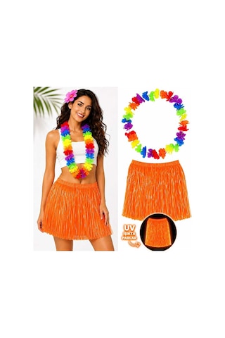 Neon Turuncu Hawaii Etek 40 Cm Ve Rengarenk Hawaii Kolye Evimdeyokyok
