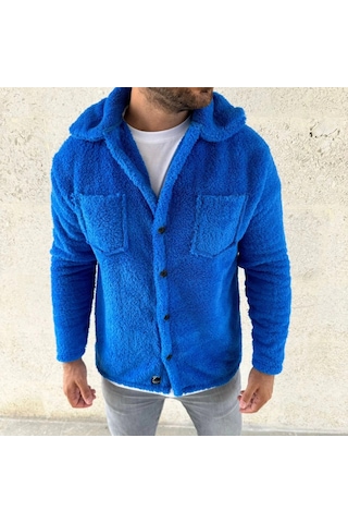 Valensdesign Erkek Pelüş Polar Hırka Gömlek Yakalı, İlik Düğmeli, Göğüs Cepli, Yumuşak Dokulu Kışlık Regular Fi Saks Mavisi