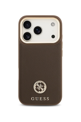 Apple Uyumlu iPhone 17 Pro Kılıf Guess Lisanslı M-safeli Grained Yazı Ve Taşlı 4g Logolu Kapak Kahverengi Kahverengi