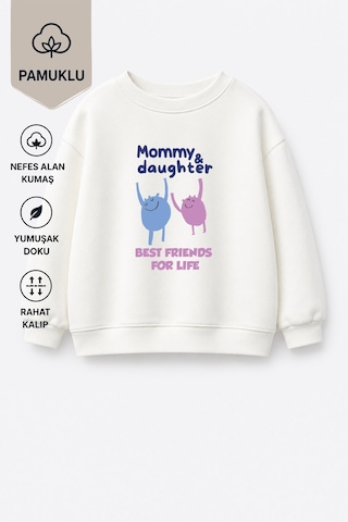 Monila Kız Çocuk Pamuklu Bisiklet Yaka Anne Kız Baskılı T-shirt Ekru