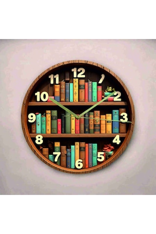 AA Shop Kitap Raf Kütüphane Renkli Baskı Desenli Sayılı Hediyelik Ahşap Sessiz Tablo Duvar Saati 636 Çok Renkli