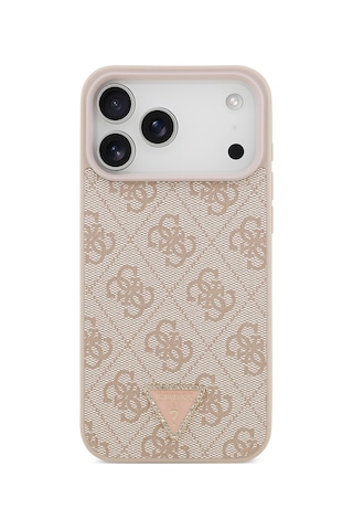 Apple iPhone Uyumlu 18 Pro Max Kılıf Guess Lisanslı M-safeli Taşlı Üçgen Logo 4g Desenli Strass Kapak Pembe
