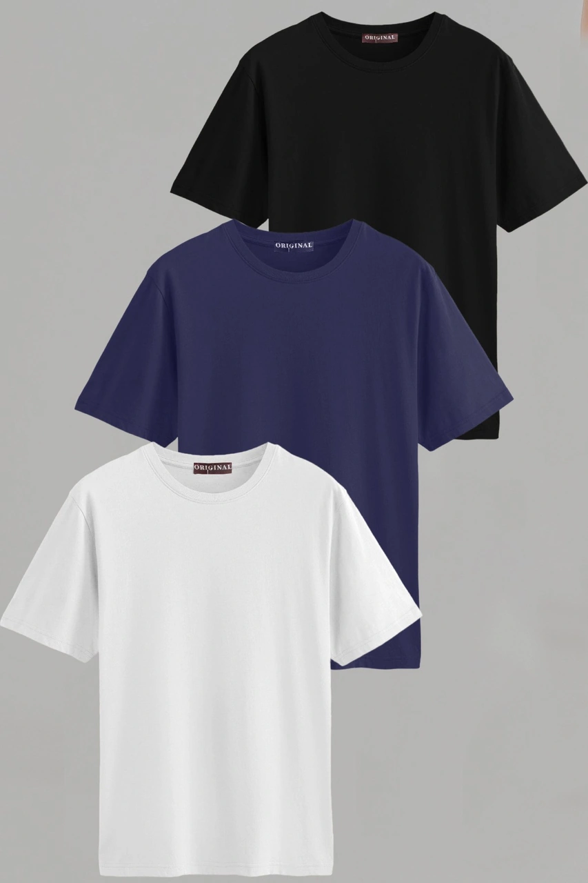 Erkek Beyaz-siyah-laci Slim Fit Bisiklet Yaka Pamuk Elastan 3'lü Basic Tişört Vk-erkektişört-düz-3lü