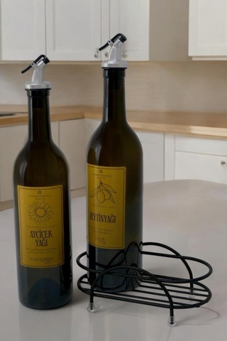 Digithome Petra 2'li Siyah Metal Standlı Yağdanlık Seti Gold Etiketli Amber Yağlık 750 Ml Siyah