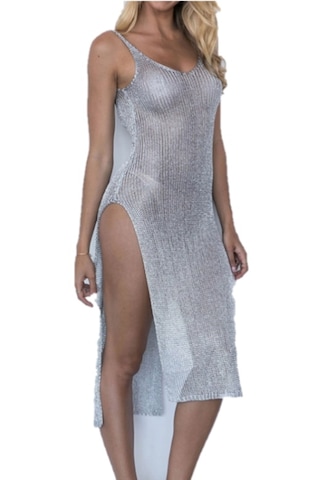 Cbtx Perspektif Örgü Gazlı Bez Askılı Elbise Mayo Örtüsü Gri