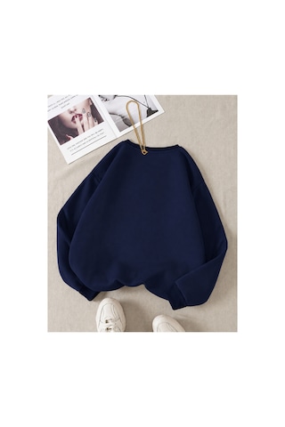 Esade Kadın Beyaz Sarı Çiçek Kol Baskılı Rahat Kalıp Bisiklet Yaka Lacivert Sweatshirt Lacivert