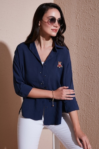 Lela Pamuk Karışımlı Regular Fit Ayıcık Işlemeli Bayan Gömlek 6773106 Lacivert