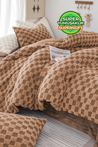 Evlen Home Çift Taraflı Kişilik Kürk Yorgan Uyku Seti Yumuşak Dolgulu Yatak Örtüsü 3 Parça Polo Kahverengi
