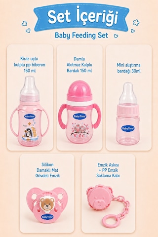 Babytime 5'li Bebek Beslenme Seti Pembe 0+ Ay 150 Ml Pp Biberon - Alıştırma Bardağı - Emzik ve Askısı Ak206