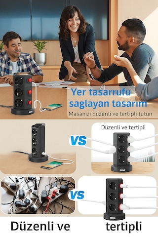 Kule Tipi 12 Li Çoklu Priz 3 Usb Hızlı Şarj Anahtarlı Akım Korumalı Masa Üstü Tower Priz 2 m