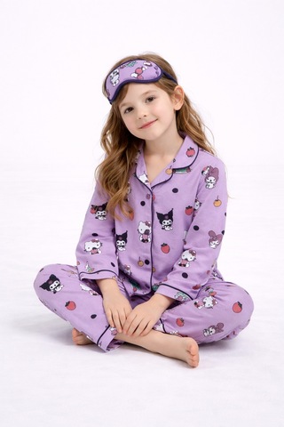 Beka Kids Desenli Uzun Kollu Önden Düğmeli Gömlek Yaka Kız Çocuk Pijama Takımı Ve Göz Bandı Mor