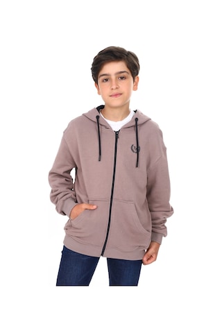 Toontoy Kids Toontoy Erkek Çocuk Kapüşonlu Fermuarlı Cepli Düşük Omuz Baskılı Örme Hırka - 3 İplik Şardonsuz Kahve