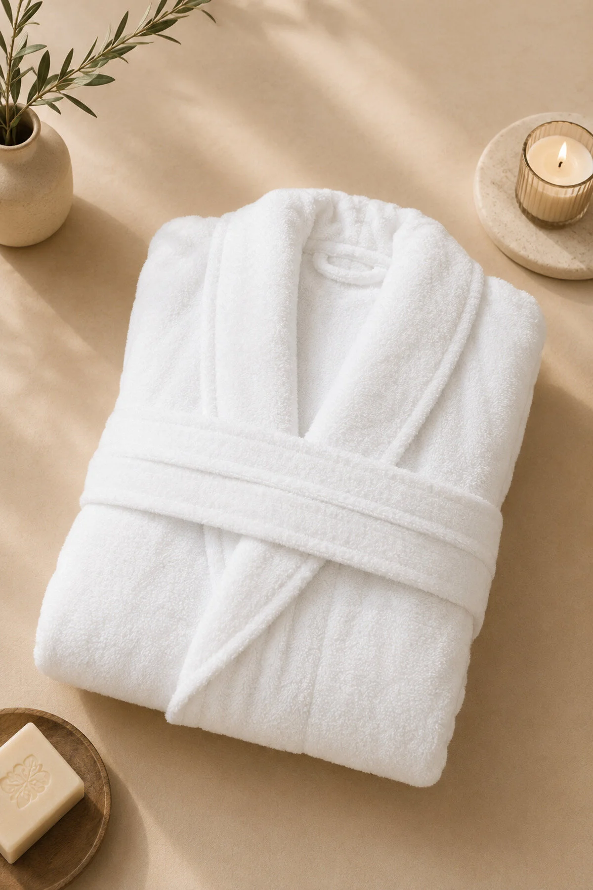 %100 Pamuk Unisex Beyaz Bornoz Yumuşak Dokulu Yüksek Su Emici Hızlı Kuruyan Cepli Banyo Bornozu