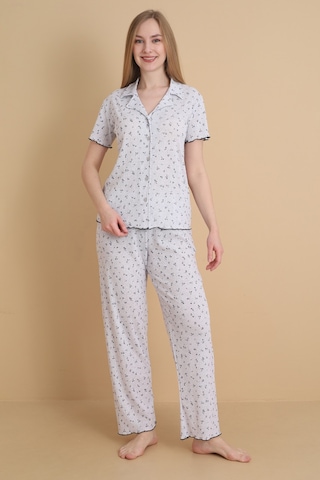Wordex Mirano 1714 Çiçekli Pointel İnce Kumaş Düğmeli Kısa Kollu Kadın Pijama Takımı Gri