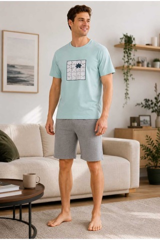 Tenra Erkek Kısa Kollu Şortlu Baskılı %100 Pamuk Pijama Takımı Ev Giyim Yeşil