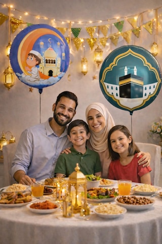 2li Ramazan Folyo Balon Set 45cm Dua Eden Çocuk Ve Kabe Hilal Cami Hoşgeldin Bayramı Temalı Dini Süs Mavi - Yeşil