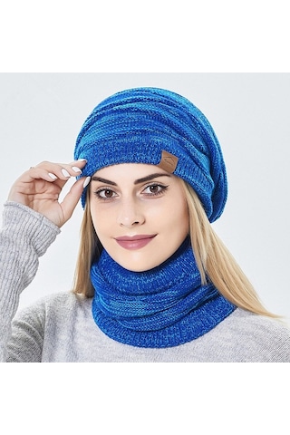 Kadınlar İçin Şık Ve Sıcak Kışlık Bere Şapka Atkı Seti, Soğuk Havalara Özel Kombin Mavi