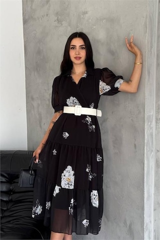 Dip Moda Kadın Kemerli Gömlek Yaka Desenli Şifon Elbise Nbq011 Siyah
