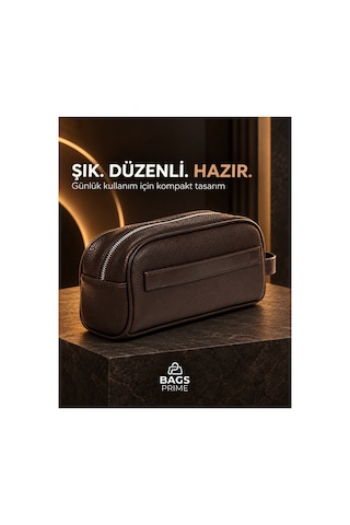 Bags Prime Erkek El Çantası Fermuarlı Çok Bölmeli Portföy Ve Kişisel Bakım Çantası - Kahverengi
