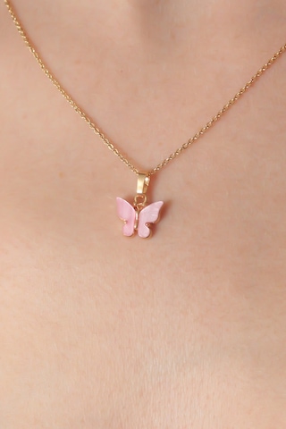 Gold Pembe Renk Kelebek Figür Kadın Kolye Renkli