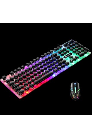 Lımeıde Gtx300 104 Tuşlu Retro Yuvarlak Tuş Kapağı Usb Kablolu Fare Klavye, Kablo Uzunluğu: 1.4m, Renk: Punk Set Siyah