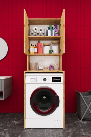 Asra Trend Çamaşır Makinesi Üstü Banyo Dolabı BD-01 %100 MDF İki Kapaklı Organizer Raf Safir Meşe