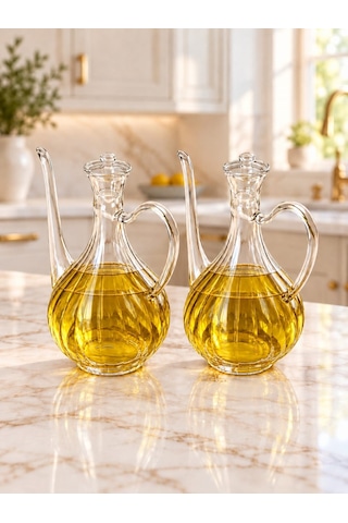 Qerhome Borosilikat Cam Glorry Yağlık Veya Sirkelik 700 Ml 2 Adet Çizgili Tasarım Stantsız Şeffaf