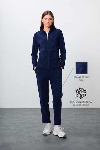 Tommy Life Lacivert Kalın Yumuşak Dokulu Dik Yaka Oversize Nakışlı Polar Kadın Eşofman Takım -95339 Lacivert