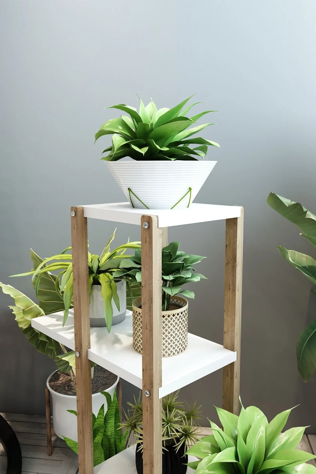 Beyaz 4 Katlı Ahşap Çiçeklik, Saksılık, Çiçek Standı, Dekoratif Raf - Çok Amaçlı Kullanım Beyaz